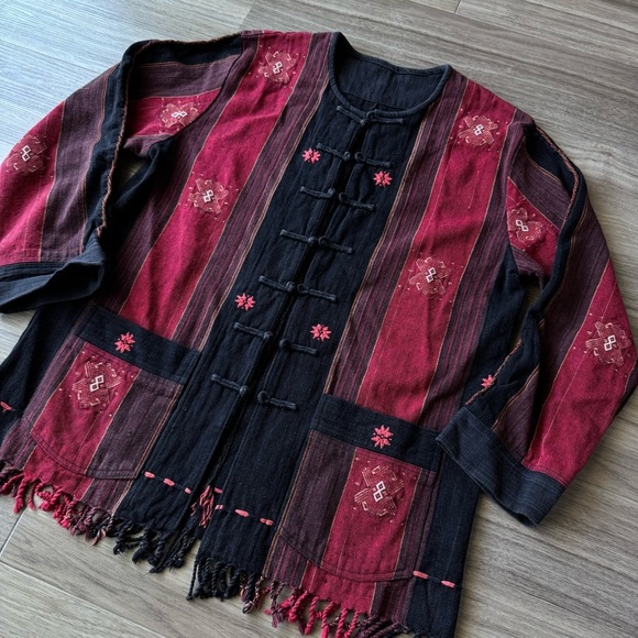 Vintage Black Red Embroidered Fringe Button Jacket - Picture 4 of 7